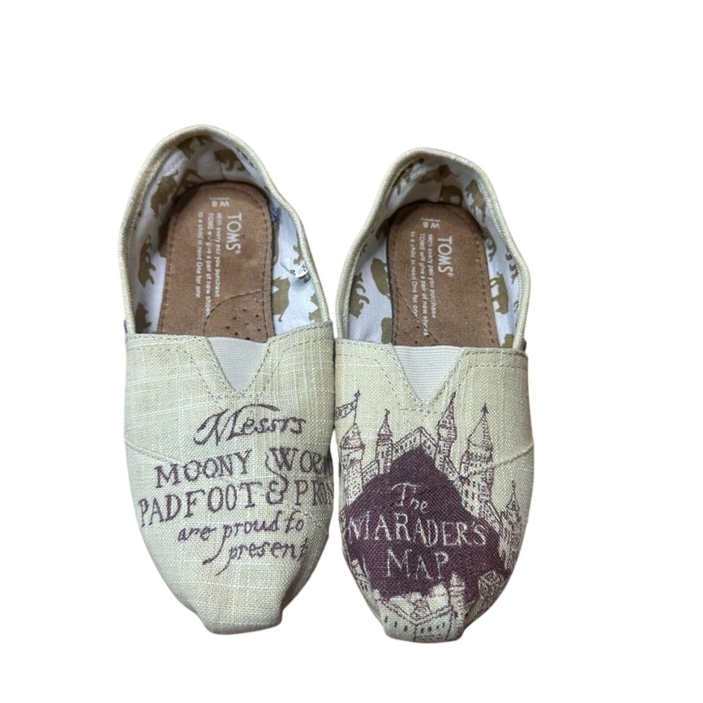 TOMS Harry Potter Marauders Map Shoes Womens‎ 8 Cream Canvas Slip On Geek Chic